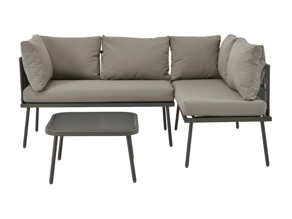 Salon de jardin en Fer forgé - 4 places - canapé d'angle extérieur avec coussins - 2 canapés et 1 table basse - décoré tressé en corde - Gris