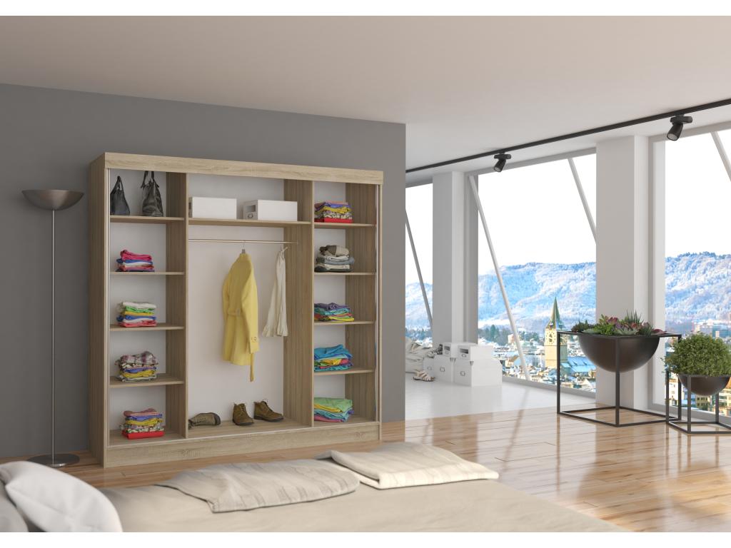 Armoire chambre adulte 2 portes coulissantes bois blanc et miroir Volcan 200cm ARPV86559