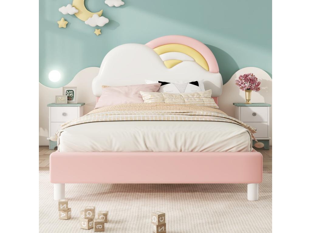 Lit simple en similicuir - 90x200cm - avec sommier à Meubiana en bois - Rose