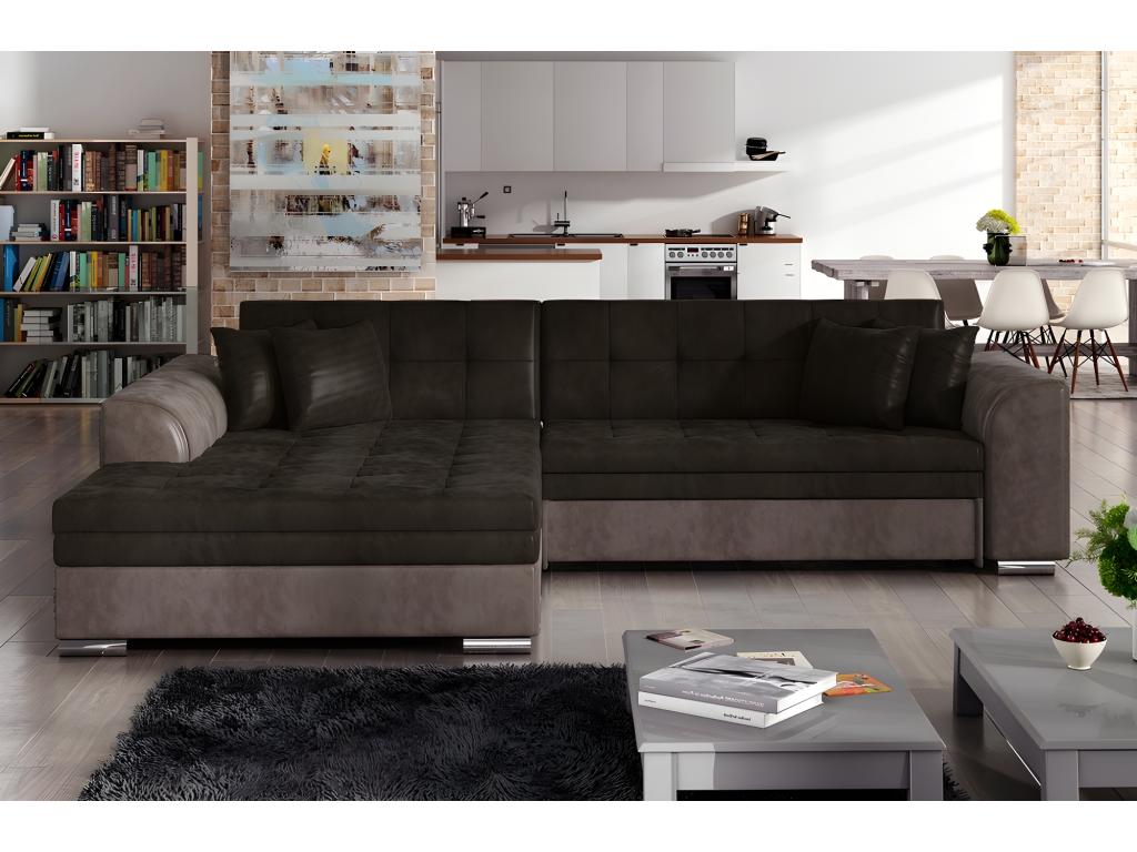 Canapé d'angle convertible en tissu velours Luxe chocolat et marron 5 places angle gauche vu de face Homzora VELOURS