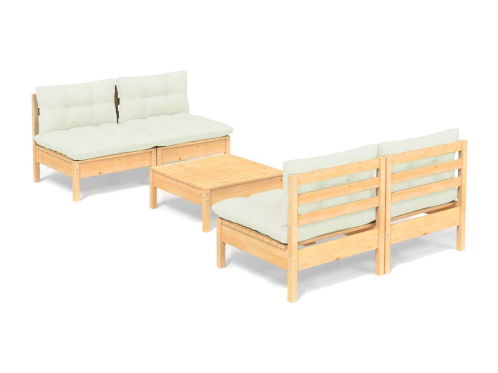 Salon de jardin 5 pcs avec coussins crème bois de pin