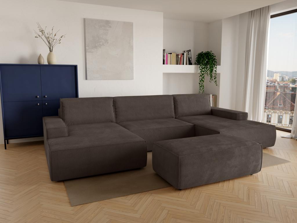 Grand canapé d'angle panoramique convertible en velours tricoté marron Meubiana