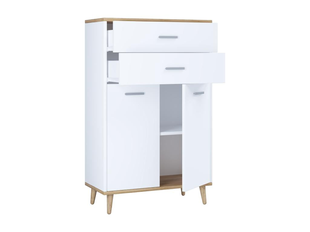 Meubiana Bois Buffet Haut Commode Portes battantes Tiroir Lindas Blanc / Chêne Miel