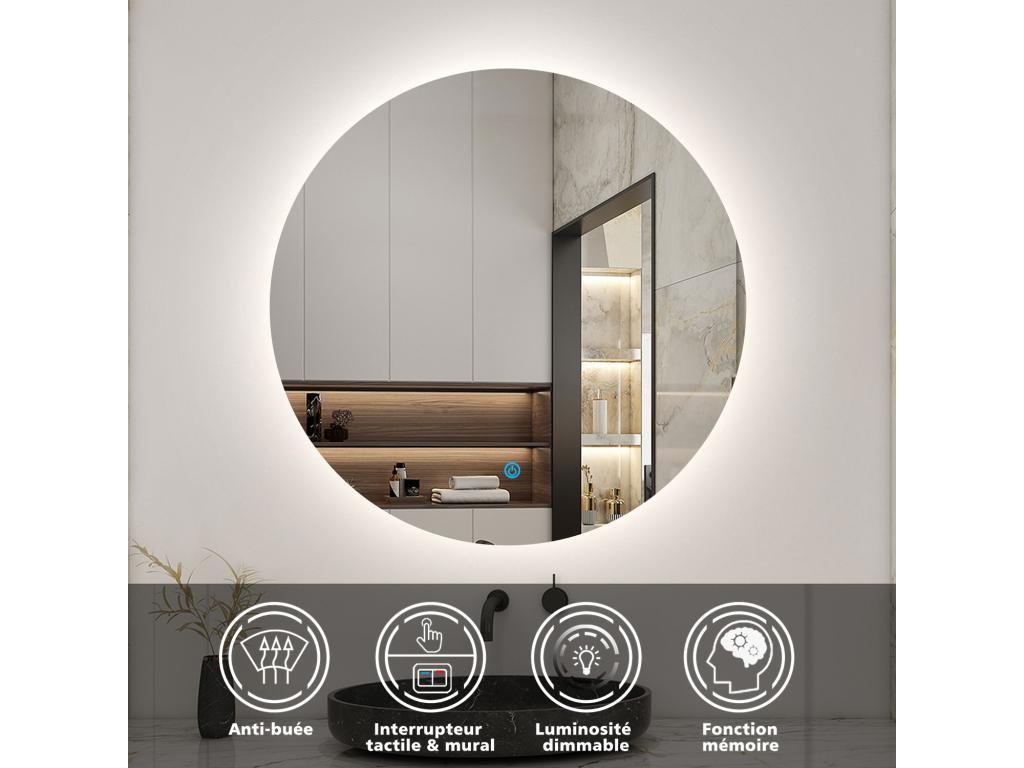 Ensemble meuble vasque L.100cm 2 tiroirs lavabo colonne miroir rond 100cm blanc