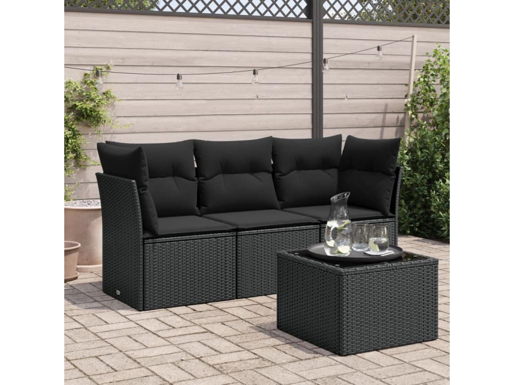 Salon de jardin 4 pcs avec coussins noir résine tressée FOXE25782