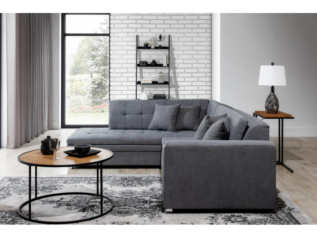 Canapé convertible angle gauche velours beige clair et chromé Meubiana 260cm