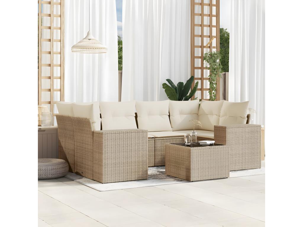 Salon de jardin avec coussins 7 pcs beige résine tressée