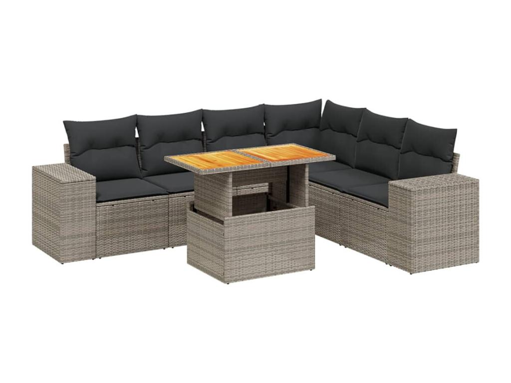 Salon de jardin avec coussins 7 pcs gris résine tressée