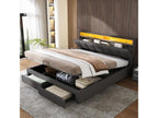 Lit coffre avec 2 tiroirs et tête de lit escamotable - 160x200 cm - LEDs - Acier et lin - pour audulte - Gris FORU54286