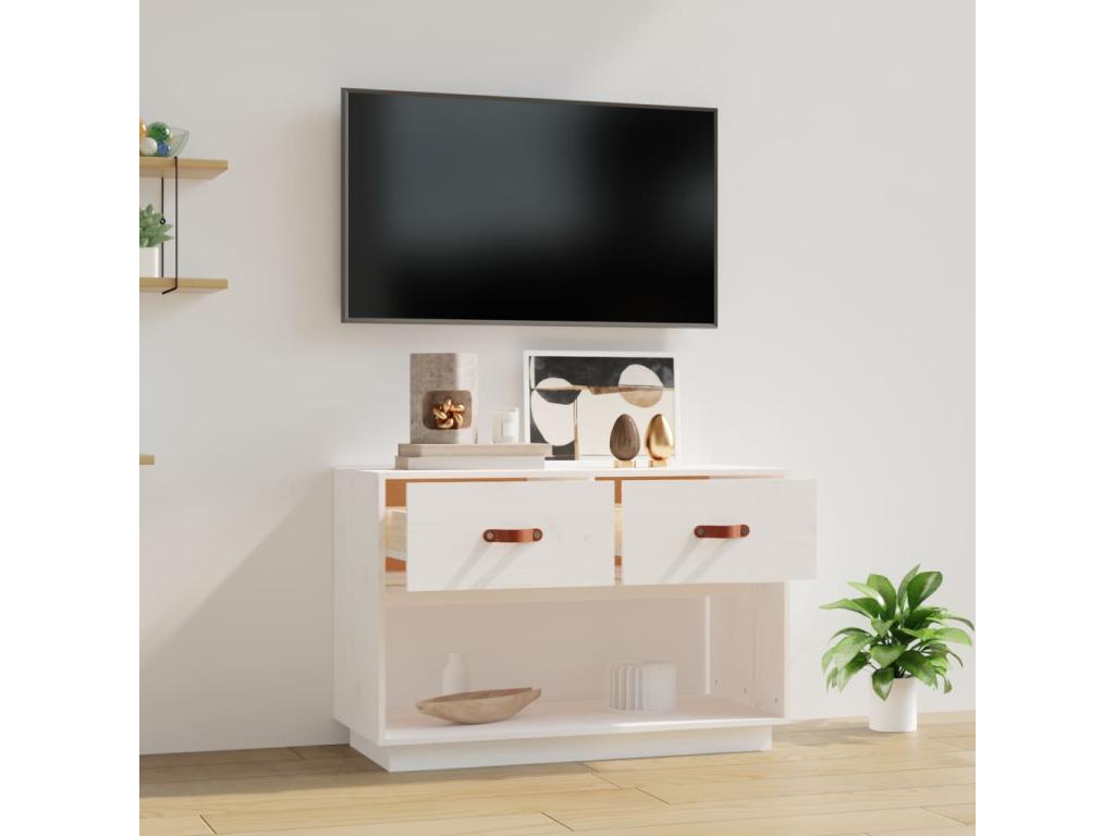 Meuble TV Blanc 90x40x60 cm Bois de pin massif
