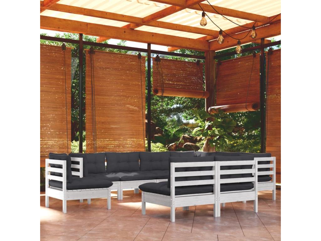 Salon de jardin 9 pcs avec coussins blanc bois de pin massif LLXX82831