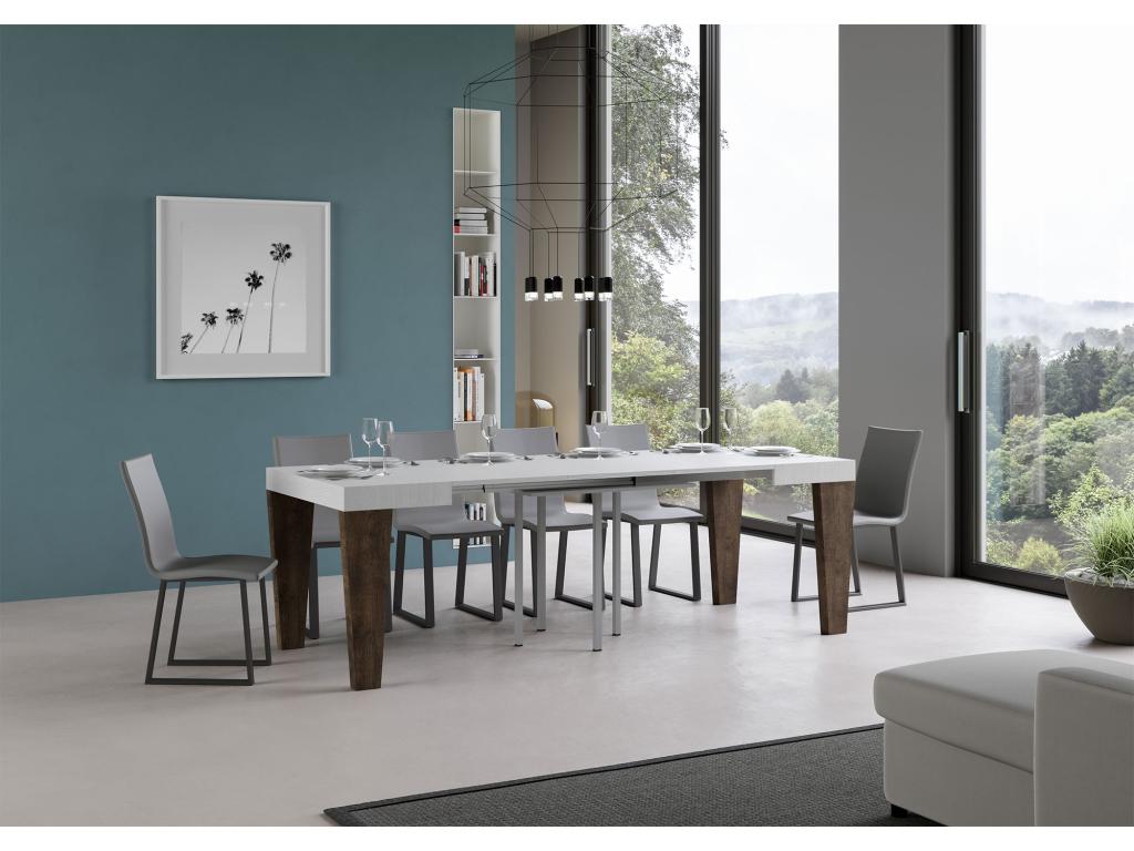 Table extensible 90x90/246 cm Laviecasa Mix dessus Frêne Blanc pieds Noyer ZDPX97676