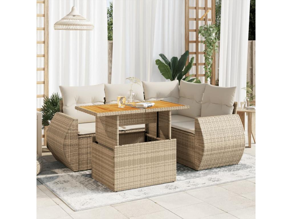 Salon de jardin avec coussins 5 pcs beige résine tressée
