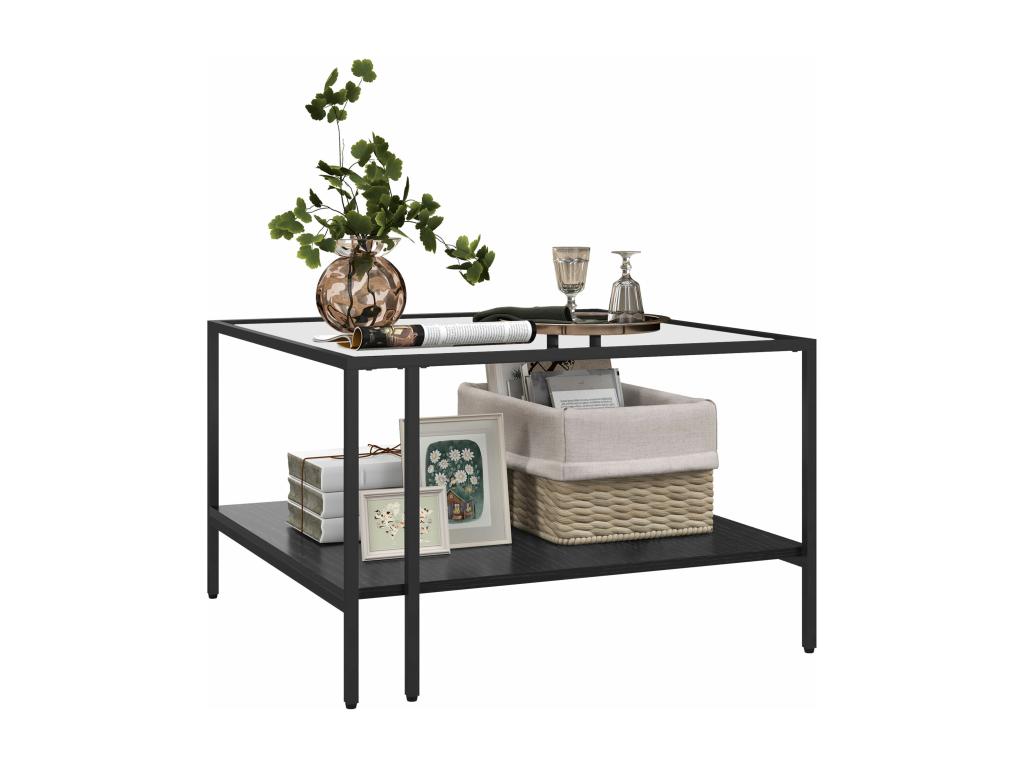 Table basse table de salon carrée 2 niveaux avec plateau en verre trempé 1 étagère Inférieure design minimaliste dim- 73l x 73P x 46.5H cm noir HKAV76813