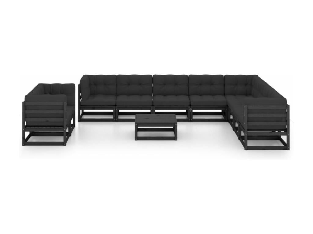 Salon de jardin 11 pièces avec coussins Noir Bois de pin massif XATP11834
