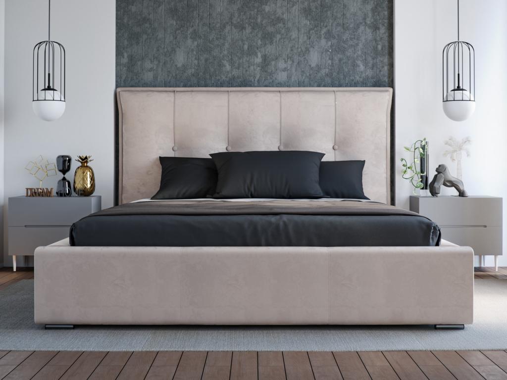 Lit rembourré avec rangement - 200x200 - lit double - velours - beige - Meubiana