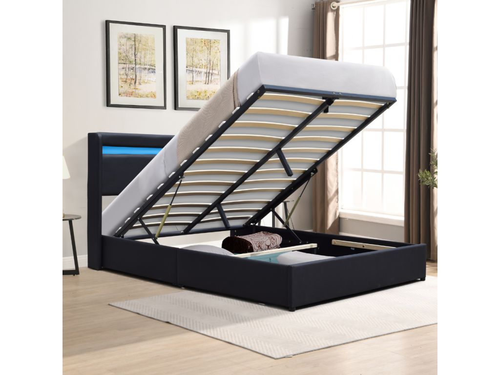 Lit coffre dehoussable 160x200 cm avec tête de lit LED - 14 Meubiana - montage facile - revêtement PVC simili entretien simplifié