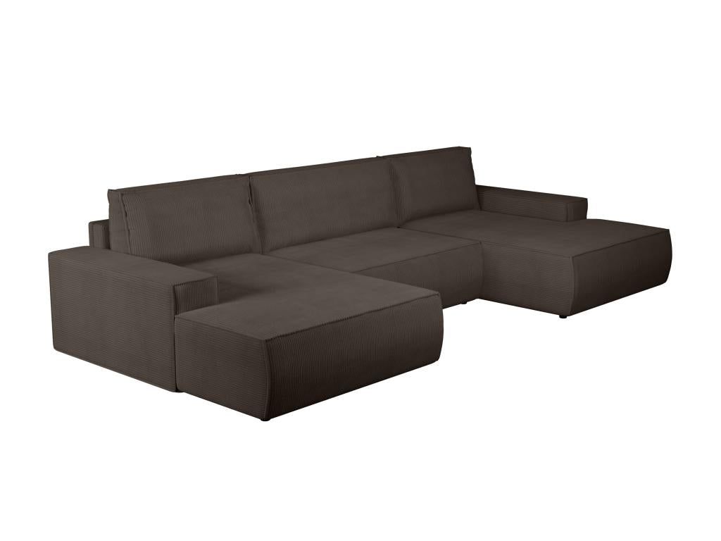 Grand canapé d'angle panoramique convertible en velours tricoté marron Meubiana