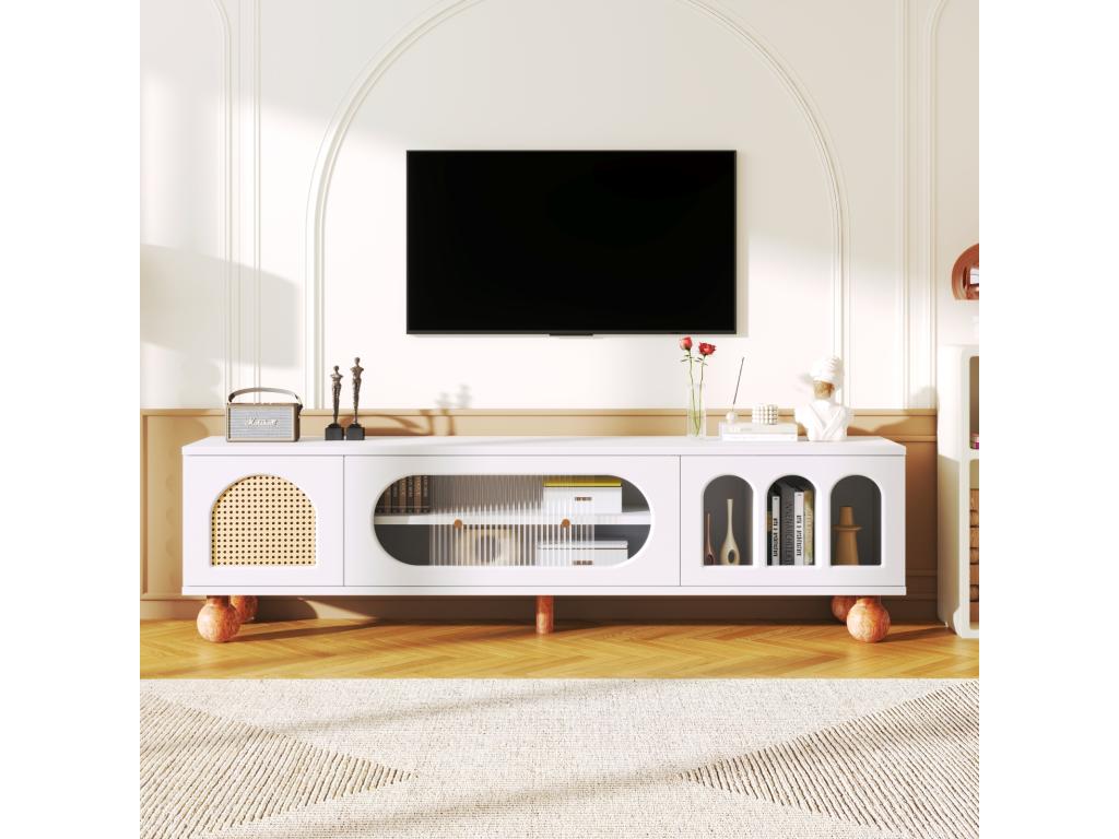 Meuble TV 170cm avec porte en rotin portes en verre espace de rangement style campagne armoire TV - Blanc IEIN18570