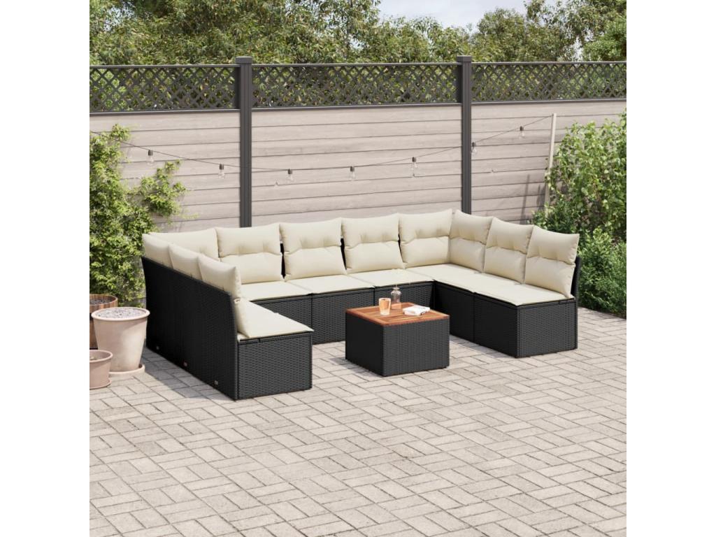 Salon de jardin 10 pcs avec coussins noir résine tressée RJMQ49791