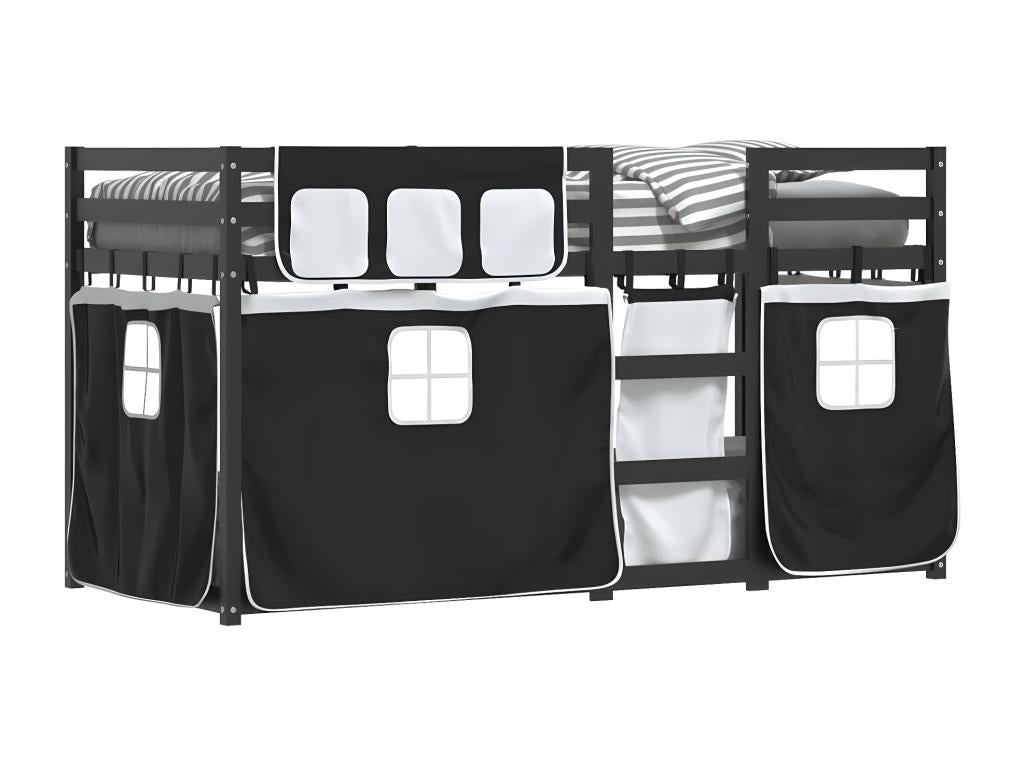 Lit superposé avec rideaux blanc/noir 90x200 cm bois pin massif