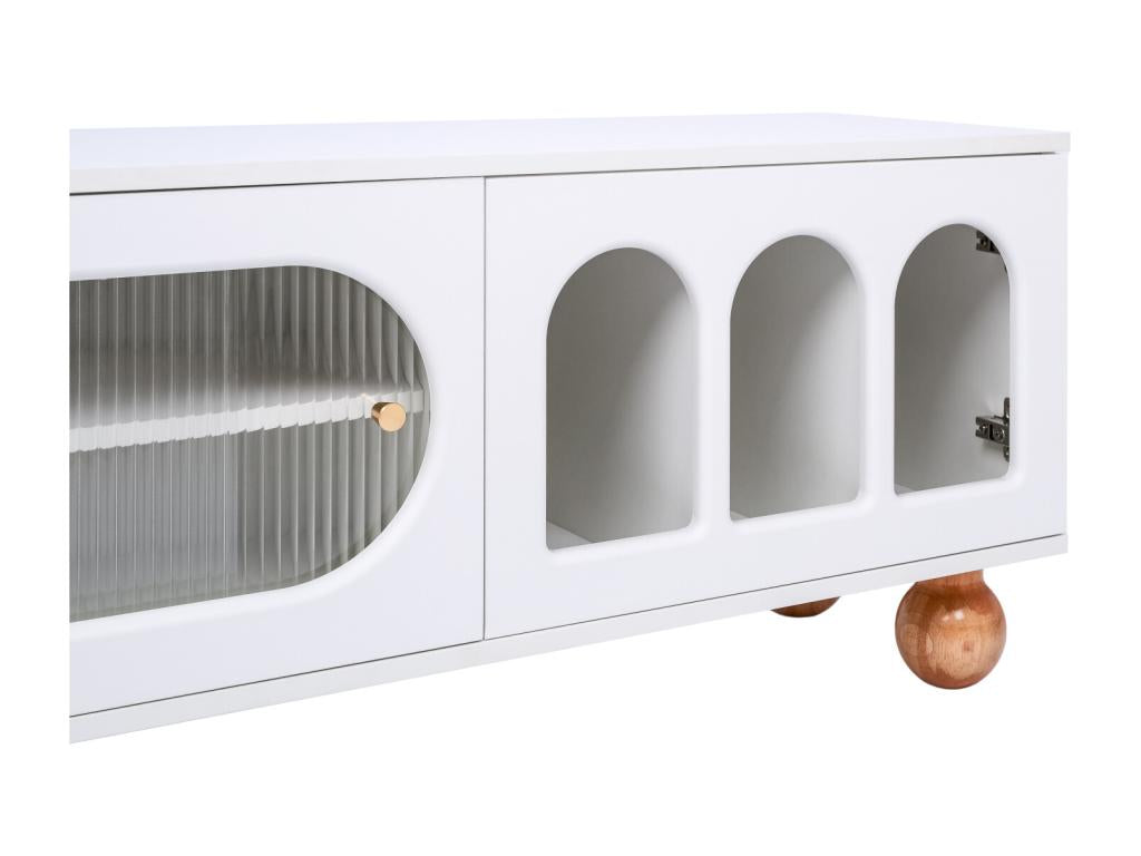 Meuble TV 170cm avec porte en rotin portes en verre espace de rangement style campagne armoire TV - Blanc IEIN18570