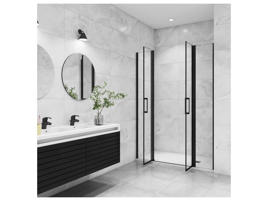 Porte de douche battante 135x200cm avec 2 fixes Profilé noir mat Porte de douche éléments Hauteur 200cm en verre anticalcaire
