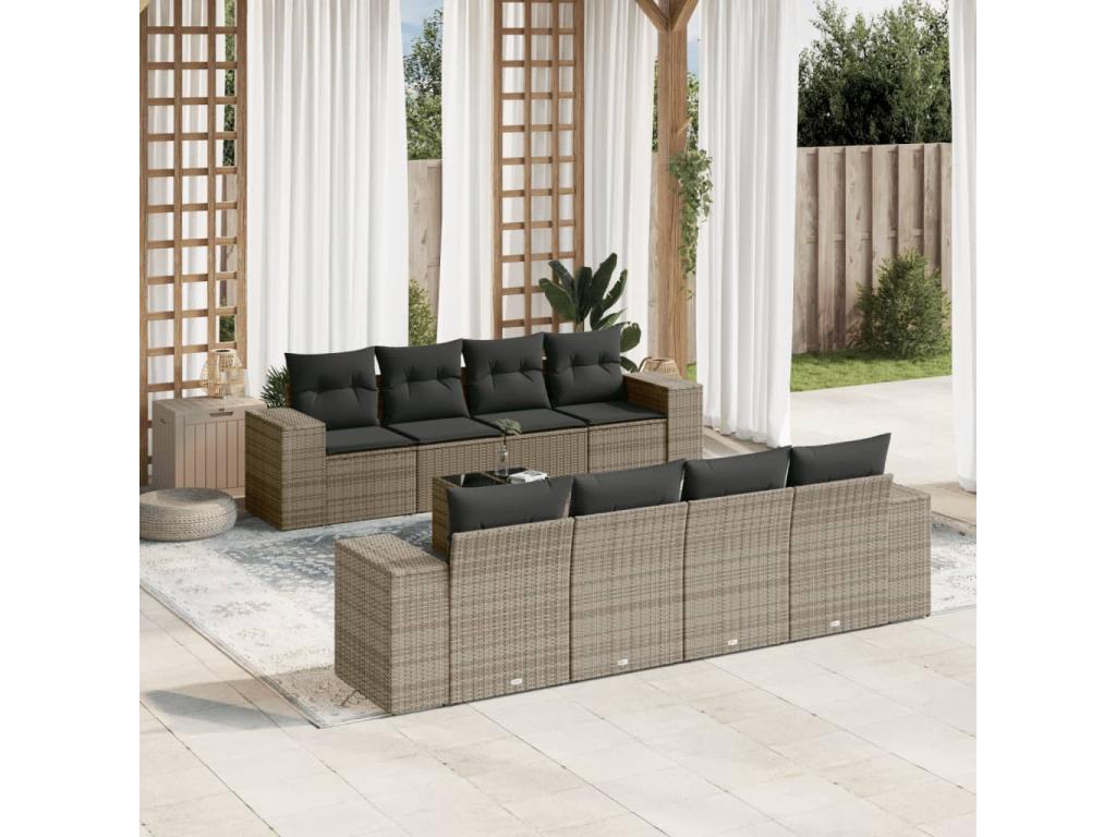 Salon de jardin 9 pcs avec coussins gris résine tressée QZVG95496