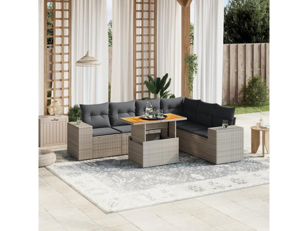 Salon de jardin avec coussins 7 pcs gris résine tressée
