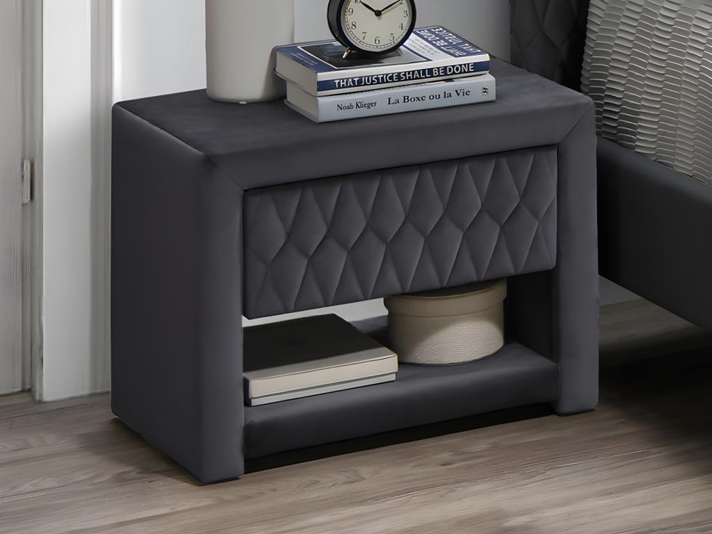 Lot de 2 tables de chevet - 1 tiroir et 1 niche - Tissu velours - Gris - Homzora