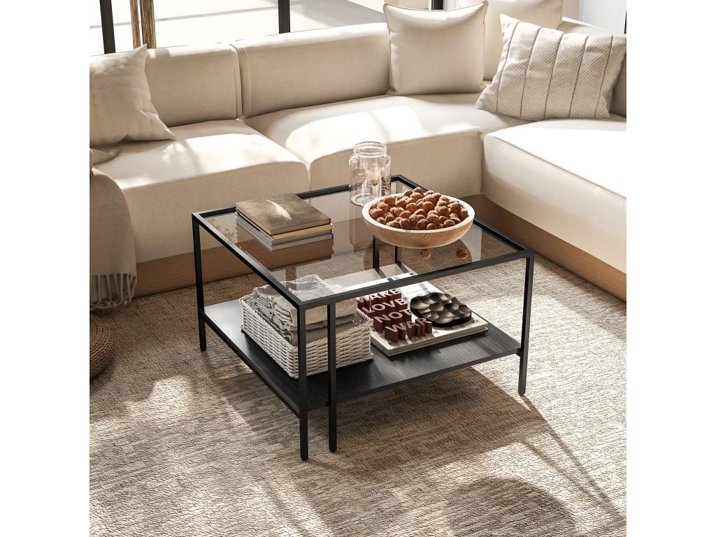 Table basse table de salon carrée 2 niveaux avec plateau en verre trempé 1 étagère Inférieure design minimaliste dim- 73l x 73P x 46.5H cm noir HKAV76813