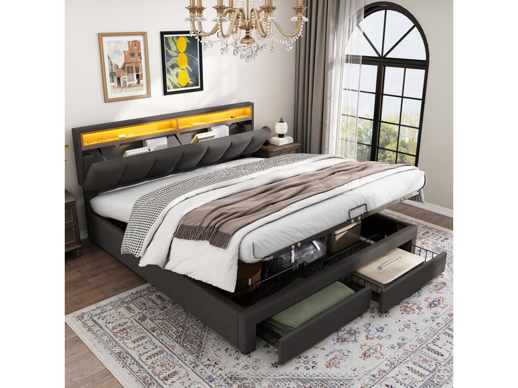 Lit coffre avec 2 tiroirs et tête de lit escamotable - 160x200 cm - LEDs - Acier et lin - pour audulte - Gris FORU54286