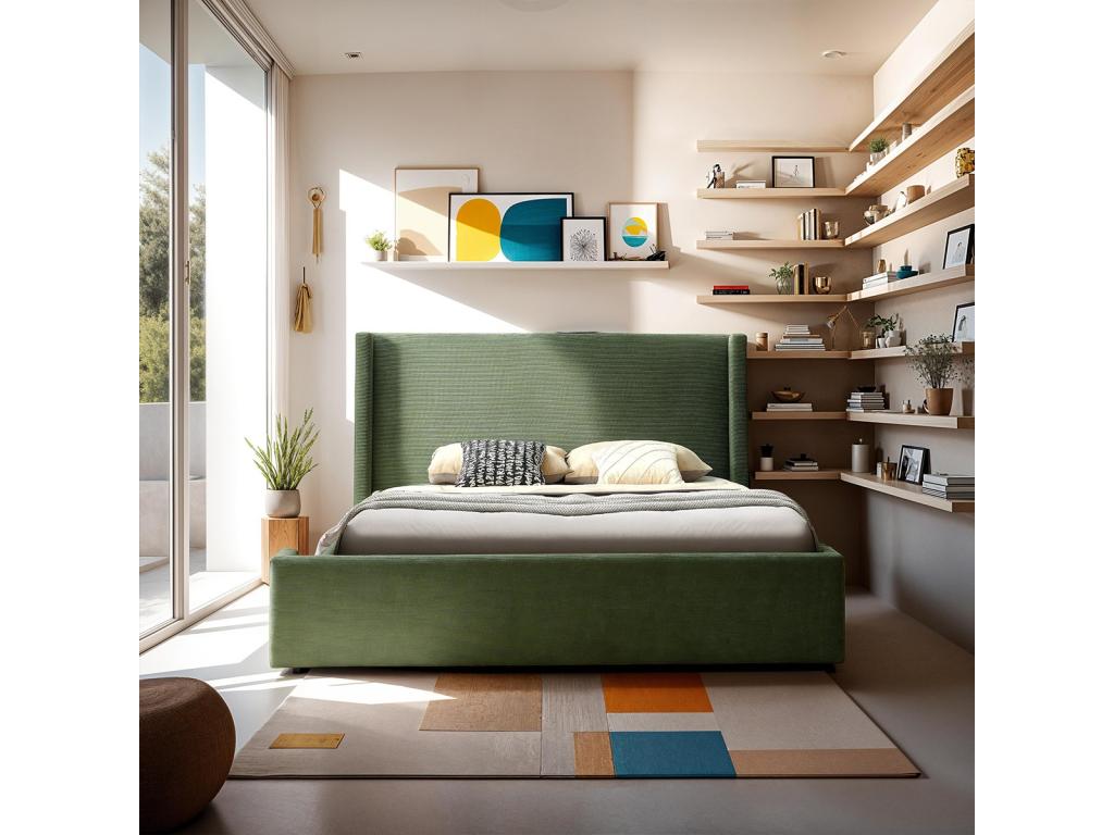 Lit adulte 180x200 cm avec tête de lit matelassée en velours imprimé vert kaki - Meubiana