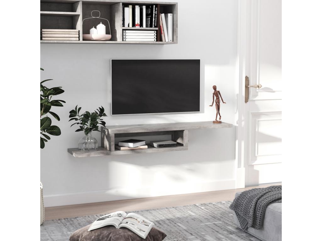 Meuble TV mural flottant design - étagère murale flottante - niche passe-fils - panneaux particules effet béton ciré MWHR62483