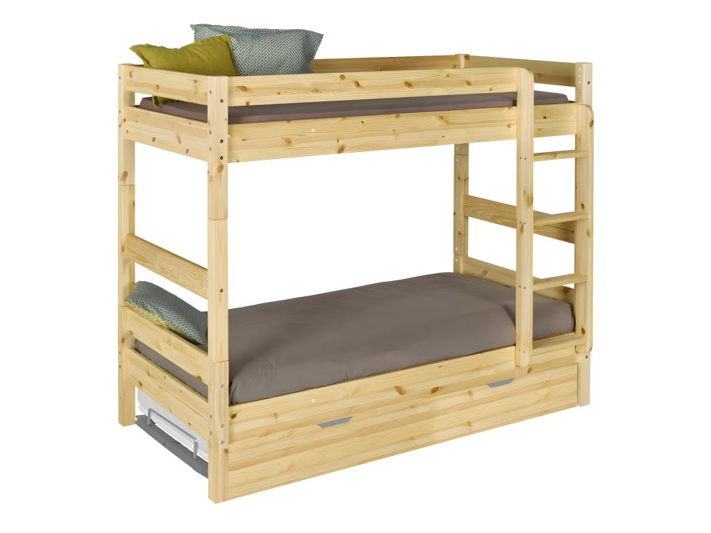 Pack lit superposé séparable gigogne avec matelas 90x190 cm bois massif bois naturel Meubiana