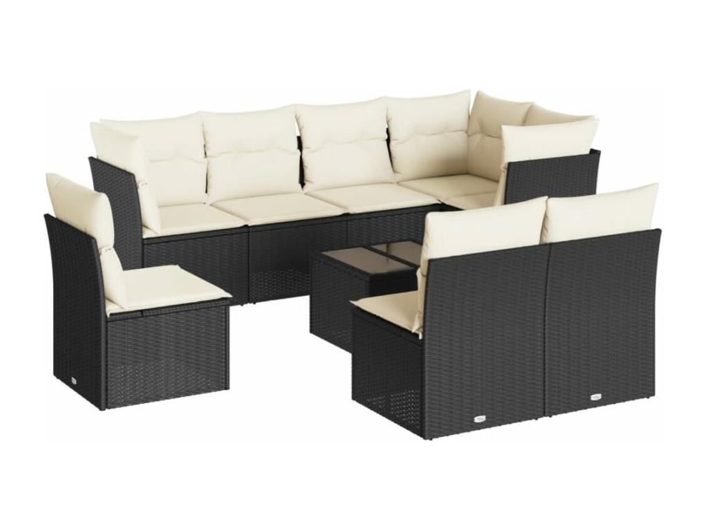 Salon de jardin 9 pcs avec coussins noir résine tressée