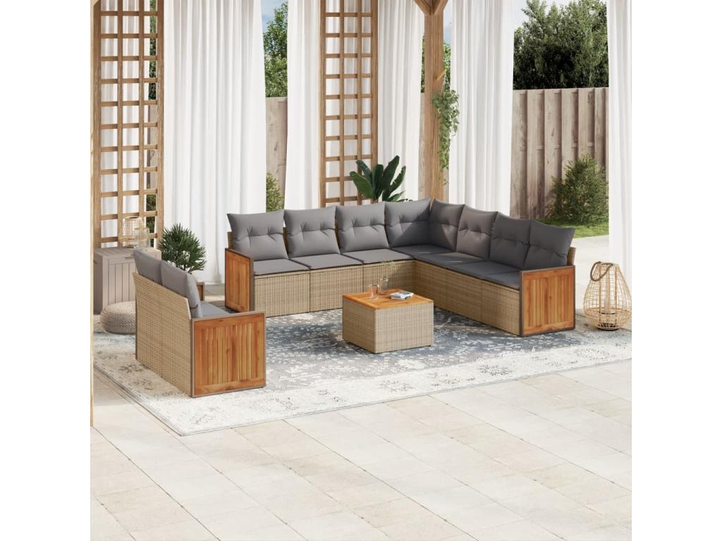 Salon de jardin avec coussins 10 pcs beige résine tressée IDQR88945