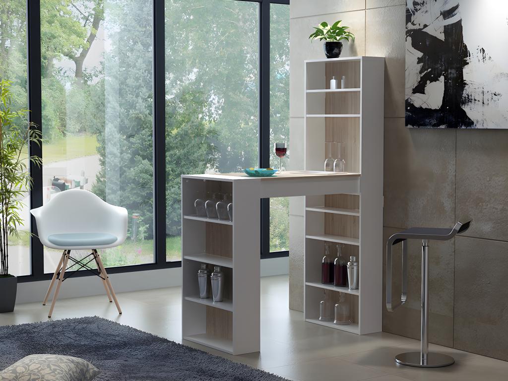Meuble de bar avec rangements - MDF - Naturel et blanc - Meubiana