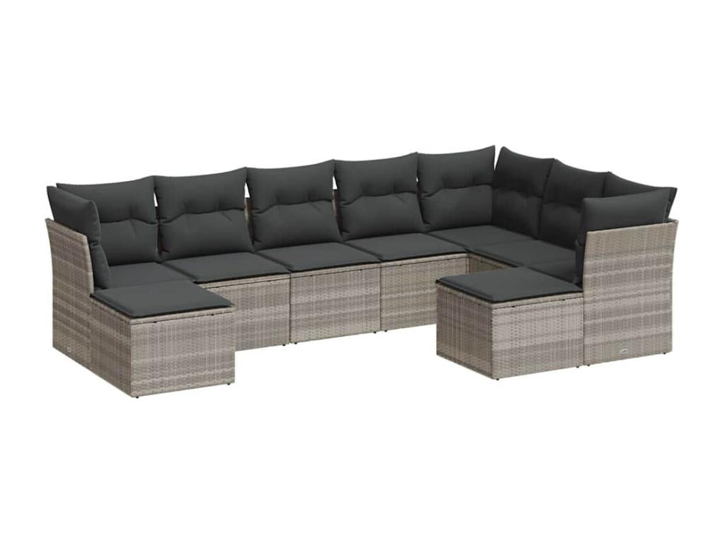 Salon de jardin 9 pièces avec coussins gris clair résine tressée