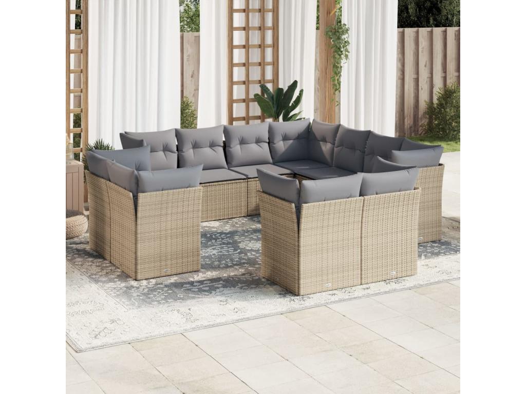 Salon de jardin 11 pcs avec coussins beige résine tressée