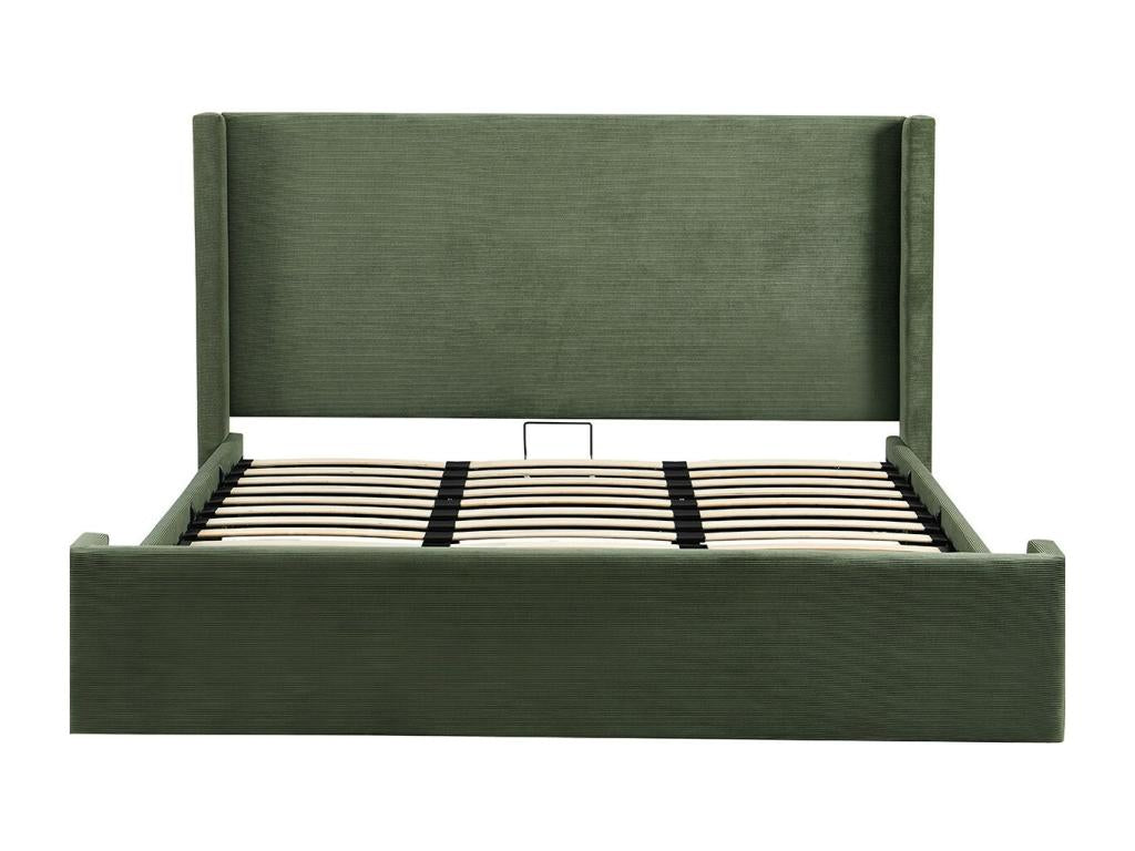 Lit adulte 180x200 cm avec tête de lit matelassée en velours imprimé vert kaki - Meubiana