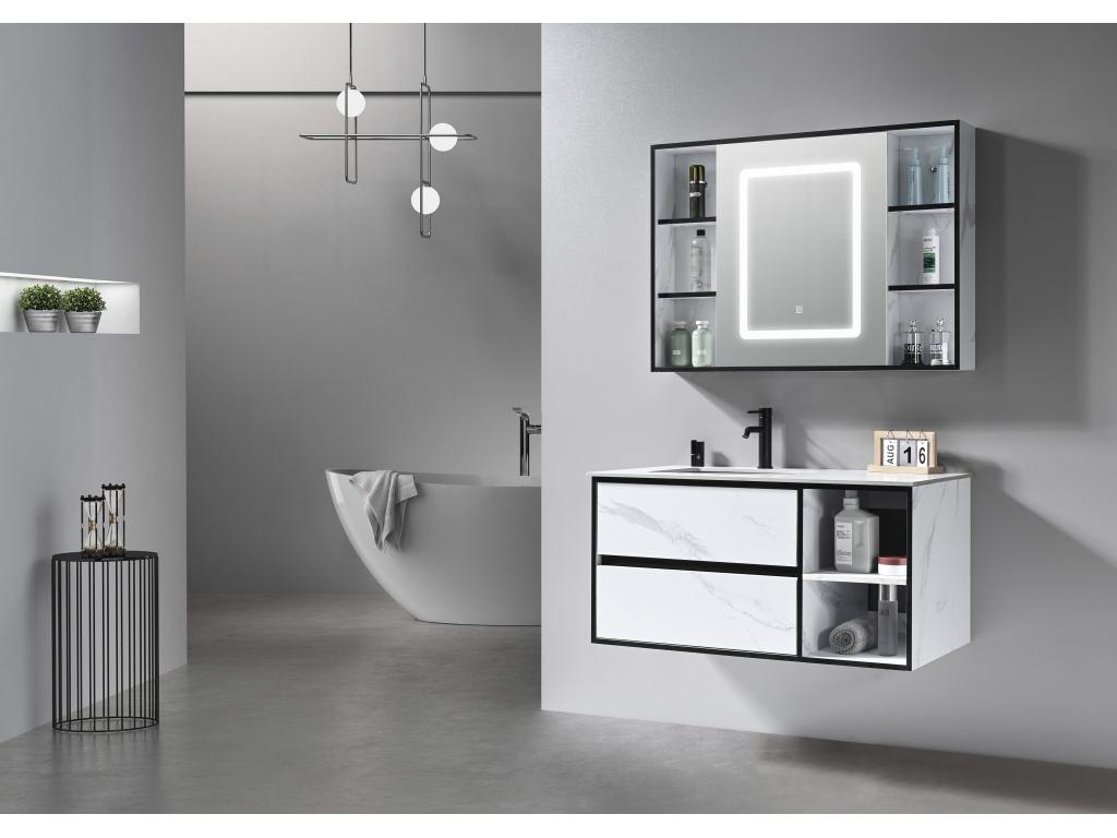 Laviecasa- Meuble de salle de bain simple vasque 100cm blanc effet marbre et miroir LED avec colonne de rangement LB-6948 EDLM40860