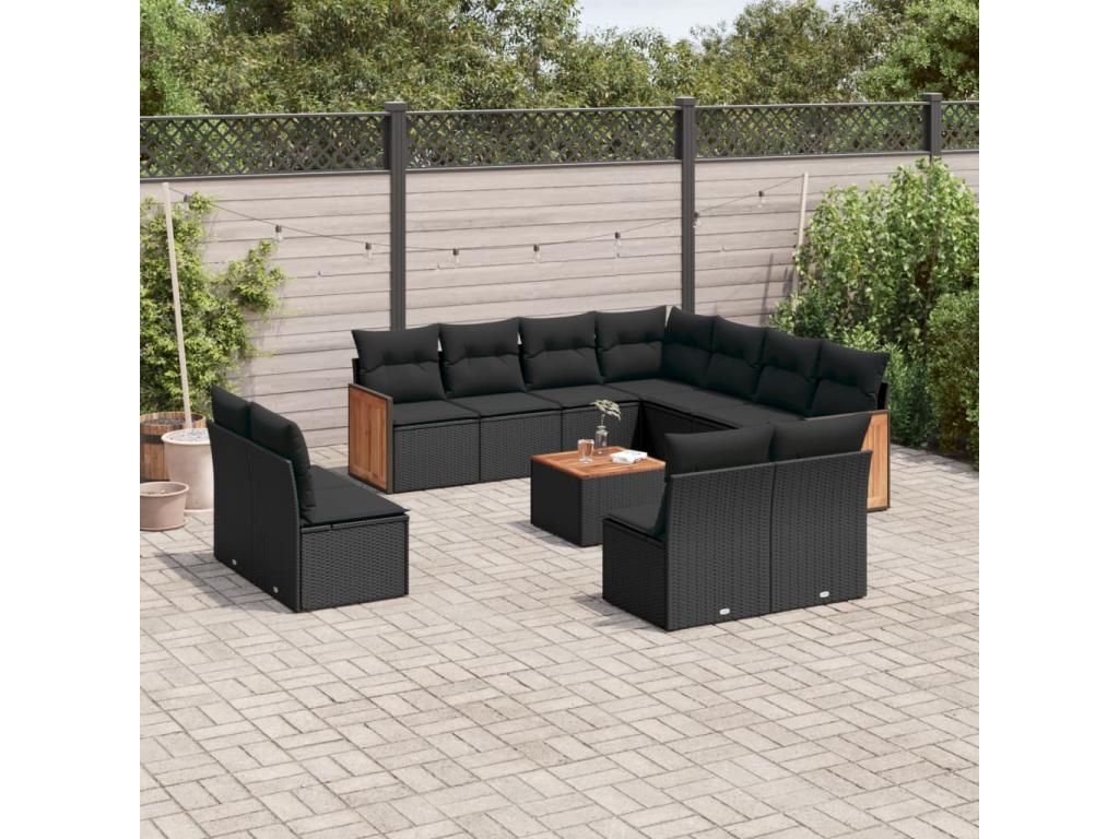Salon de jardin 12 pcs avec coussins noir résine tressée ACSK46132