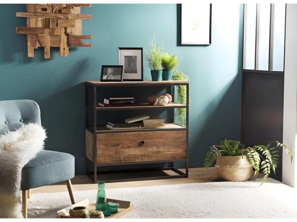 Meubiana - Etagère marron 1 tiroir Teck recyclé Meubiana Acajou et métal noir