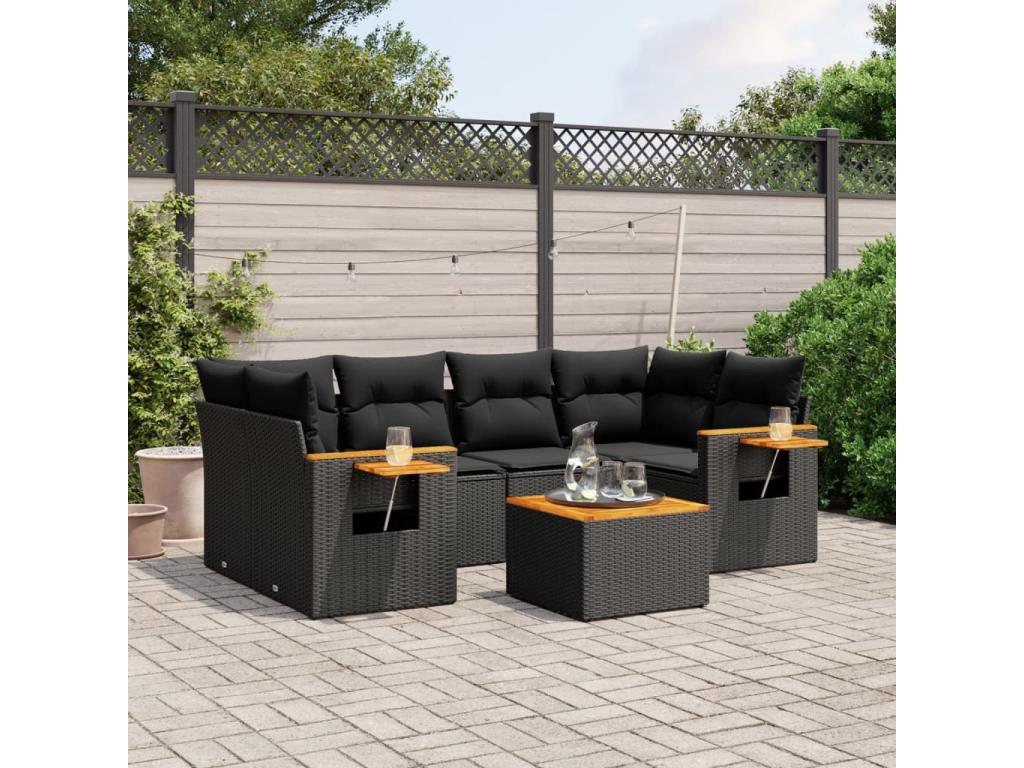 Salon de jardin 7 pcs avec coussins noir résine tressée