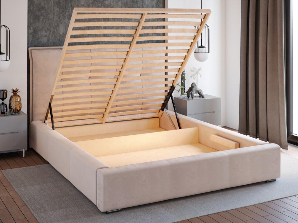 Lit rembourré avec rangement - 200x200 - lit double - velours - beige - Meubiana