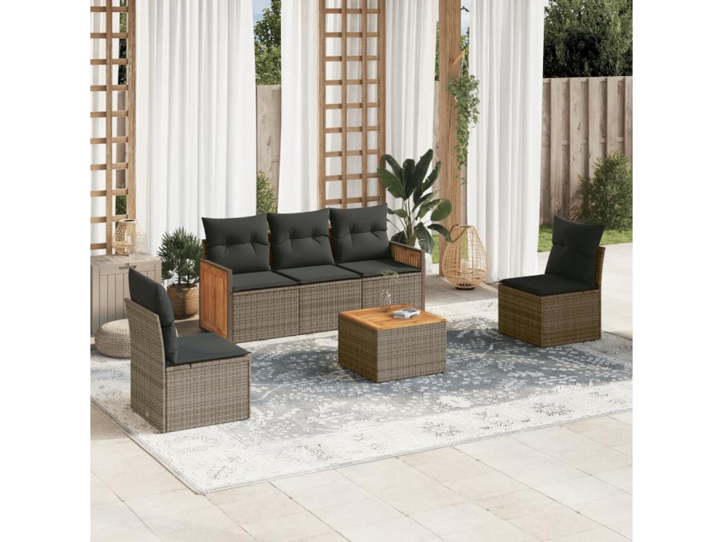 Salon de jardin 6 pcs avec coussins gris résine tressée GSJQ19695