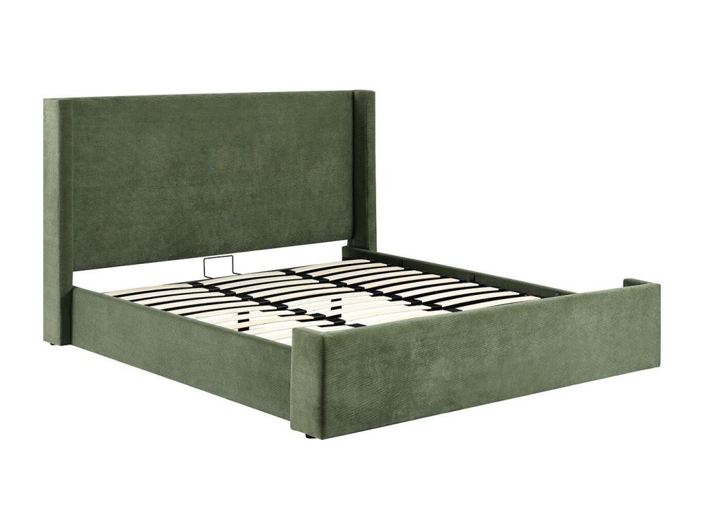 Lit adulte 180x200 cm avec tête de lit matelassée en velours imprimé vert kaki - Meubiana